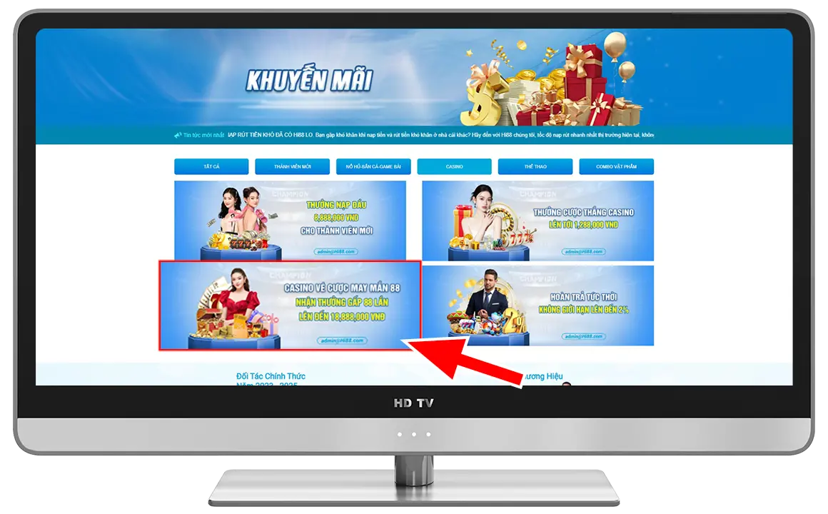 Bước 1: Tại "KHUYẾN MÃI" chọn "CASINO VÉ CƯỢC MAY MẮN 88".